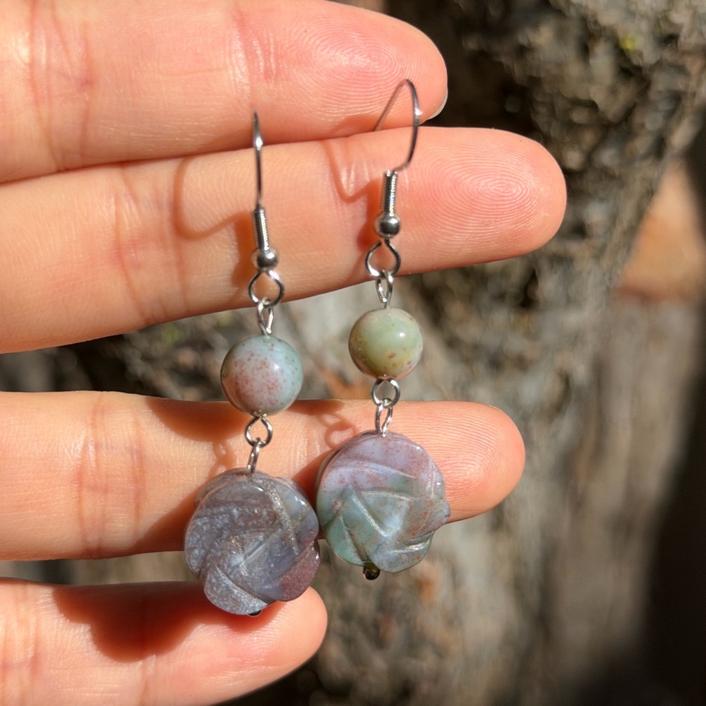 Stainless steel purple ocean jasper‎ flower drop earrings 0457